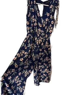 As U Wish Navy Floral Sleeveless Wrap Jumpsuit with Tie Shoulders